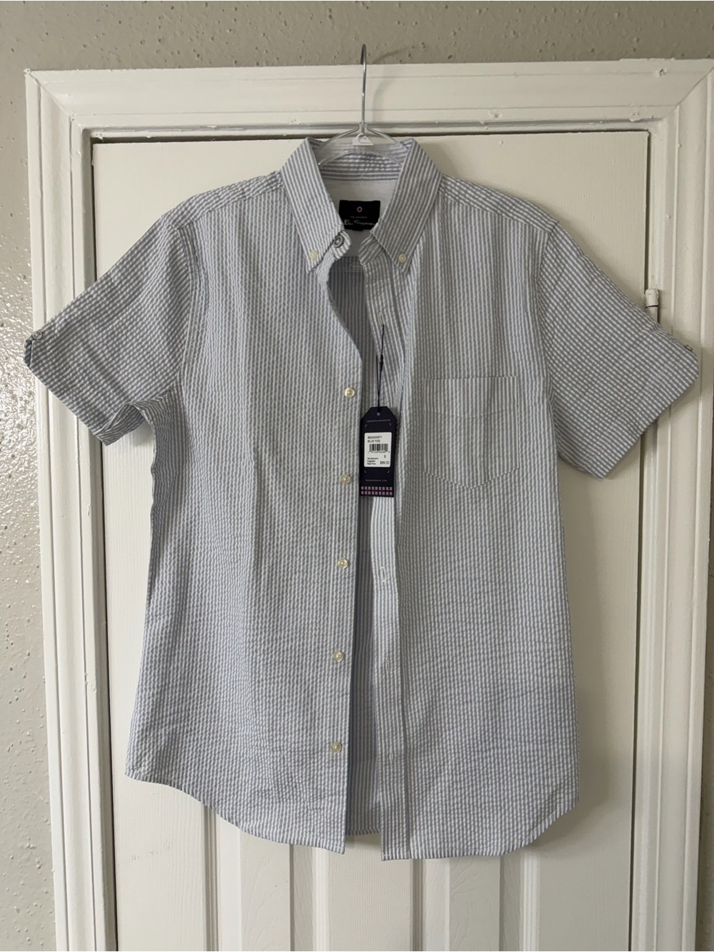Ben Sherman Short-Sleeve Seersucker Button-Down Shirt Light Blue & White Coastal